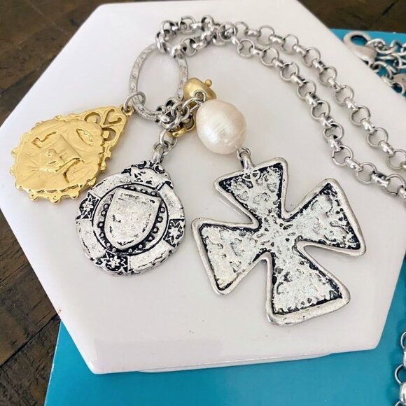 Chicos Mixed Metal Charm Necklace With Maltese Cross Pendant & Pearl Accent - Picture 1 of 3